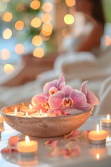 Relaxing Massage Scene: Woman in Blur, Candle Closeup