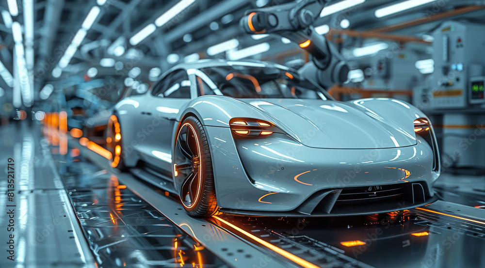 Aufkleber the robots arm, assembling an electric car in a futuristic factory. generative ai.