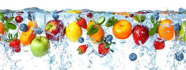 Fresh multi fruits and vegetables splashing into blue splash water. olorful Fruits and Vegetables Splashing in Blue Water
