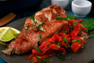Baked redfish or perch with vegetables served on the plate. Healthy fish dish