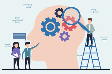 Human head with gears and magnifying glass. Teamwork concept. Flat design vector illustration