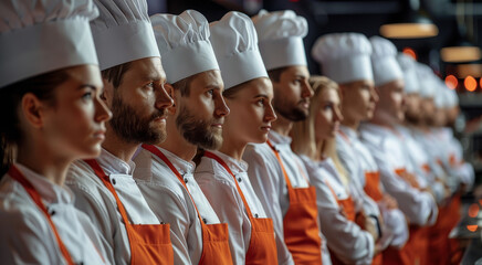 A big crowd of 100 chefs stand in a kitchen looking forward, gameshow, reality tv, men, women, diverse, mixed race. depth of field. Generative AI.