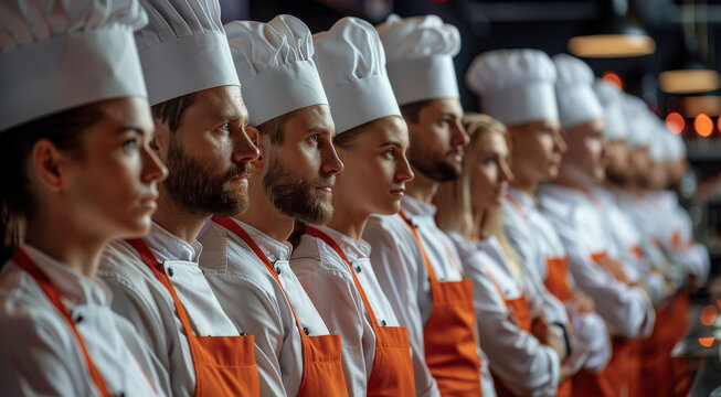 A big crowd of 100 chefs stand in a kitchen looking forward, gameshow, reality tv, men, women, diverse, mixed race. depth of field. Generative AI.