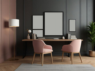 Simple modern minimalist home working space decor with pastel colored background. Blank space wall art mockup inside natural light room. Generative AI.
