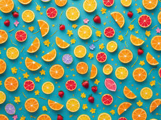 Summer themed drawing illustration background pattern summer fruits lemon