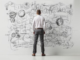 A man in business attire looks at a wall filled with chaotic sketches, symbolizing complex thought processes.