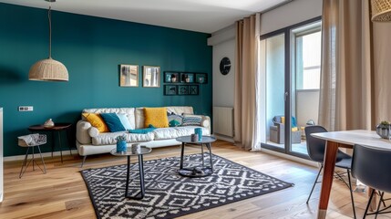 Bold Teal Kitchen with Modern Amenities, Ideal for Contemporary Interior Design Magazines