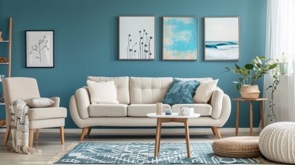 Serene Living Room with Blue Accents and Elegant Furniture, Ideal for Relaxing Home Environments