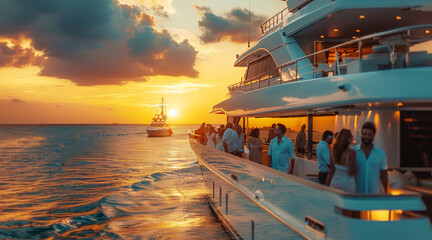A group of billionaires enjoying a corporate event on luxury yacht. Generative AI.