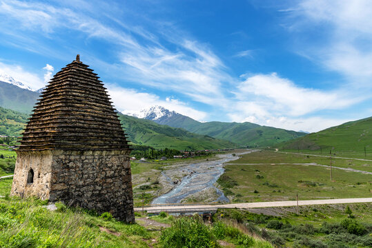 Beautiful landscape of the medieval city of the dead in the Caucasus mountains. North Ossetia.