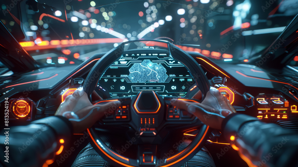 Poster a holographic interface on the windshield, first person view, futuristic vehicle interior, wide angl