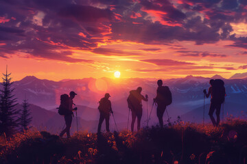 Group of hikers trekking at sunset in mountainous terrain.