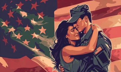 Military Spouse Appreciation Day concept. USA holiday background. Soldier hugging his wife on background with flag of United States of America.