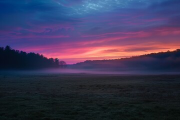 Fototapeta premium Dramatic Sunrise Over Misty Forest Landscape
