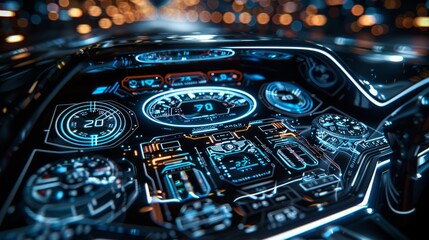 A depiction of a futuristic car dashboard screen, intricate geometric patterns, cool blue and silver colors, symbolizing innovation and luxury. Generative AI.