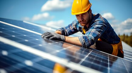 worker installing solar panels on a roof
