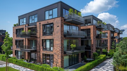 Fototapeta premium Modern Residential Building with Lush Green Surroundings and Spacious Balconies