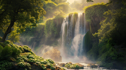 Majestic Waterfall in Lush Green Forest