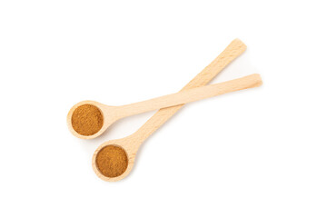 Cinnamon powder  isolated on white background. Spicy spice for baking, desserts and drinks. Fragrant ground cinnamon.