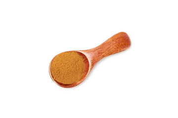 Cinnamon powder  isolated on white background. Spicy spice for baking, desserts and drinks. Fragrant ground cinnamon.