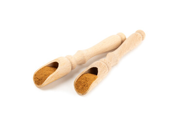 Cinnamon powder  isolated on white background. Spicy spice for baking, desserts and drinks. Fragrant ground cinnamon.