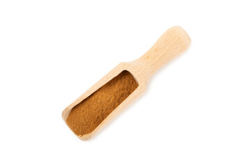 Cinnamon powder  isolated on white background. Spicy spice for baking, desserts and drinks. Fragrant ground cinnamon.