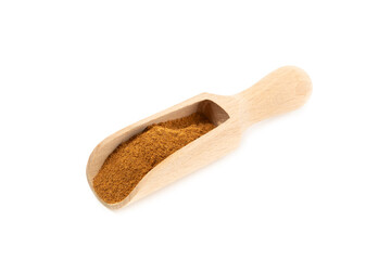 Cinnamon powder  isolated on white background. Spicy spice for baking, desserts and drinks. Fragrant ground cinnamon.