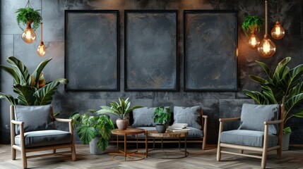 Fototapeta premium A wall of blocks with a blank canvas layout showing the texture of the frames and details in a modern home environment. The room is decorated with minimalist elements such as wooden furniture, glass v