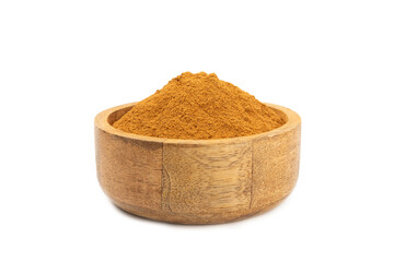 Cinnamon powder  isolated on white background. Spicy spice for baking, desserts and drinks. Fragrant ground cinnamon.