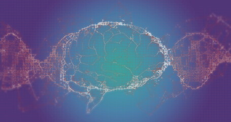 Image of human brain with dna strand on blue background