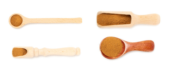 Cinnamon powder  isolated on white background. Spicy spice for baking, desserts and drinks. Fragrant ground cinnamon.