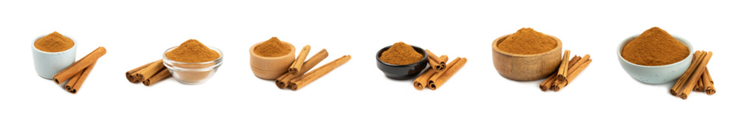 Cinnamon powder  isolated on white background. Spicy spice for baking, desserts and drinks. Fragrant ground cinnamon.