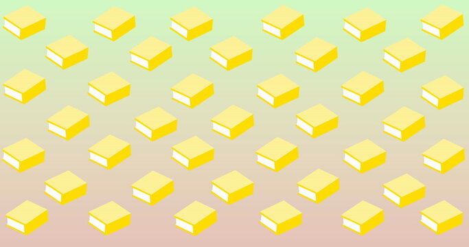 Image of multiple yellow book icons floating against green gradient background - Powered by Adobe