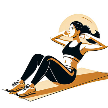 Isolated Vector illustration of young woman doing sit-ups to build abdominal muscles on a white background, minimalist style.