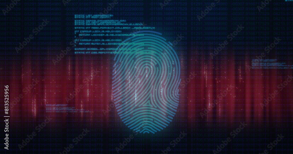 Poster image of fingerprint and computer language over abstract pattern against black background