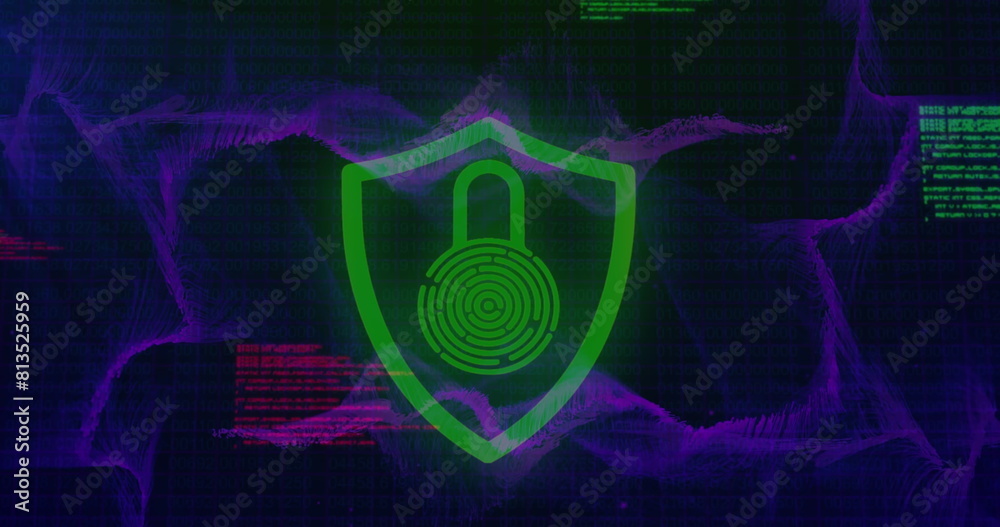 Poster image of padlock in shield and computer language over dynamic waves on black background