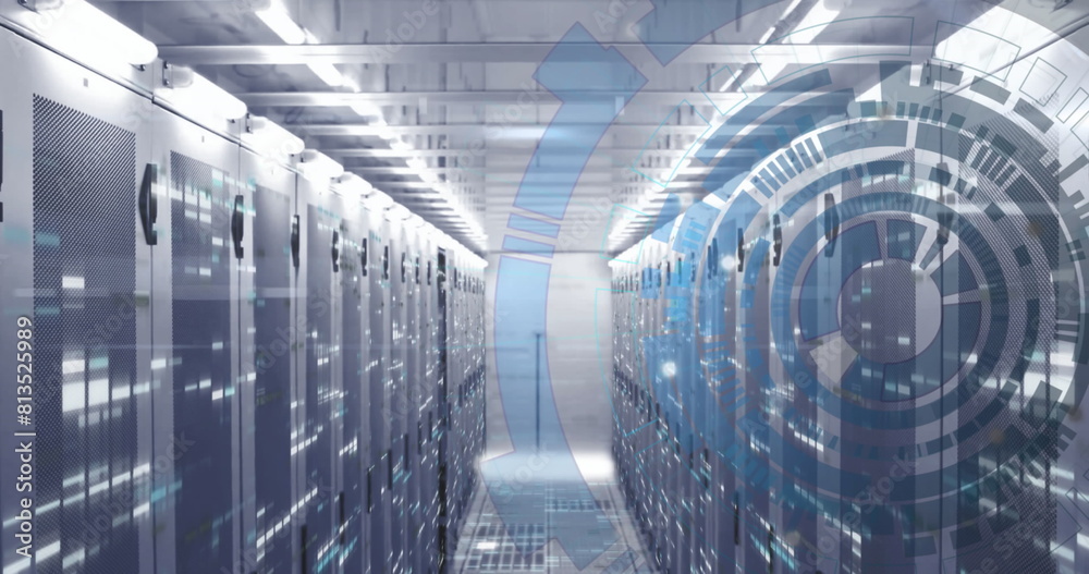 Poster image of loading circles and bars on data server racks in server room