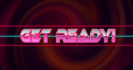 Image of glitch effect over get ready text banner against red digital wave on black background