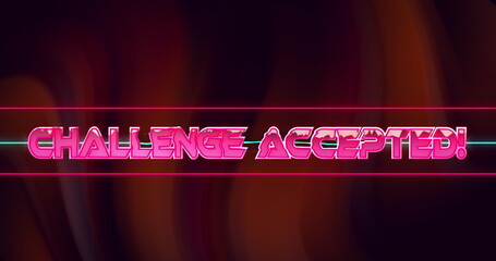 Image of glitch effect over challenge accepted text against red digital wave on black background