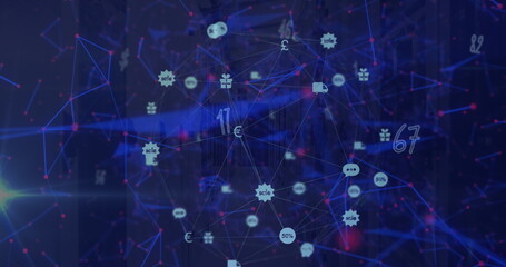 Image of numbers falling over connected icons forming globe and connected dots