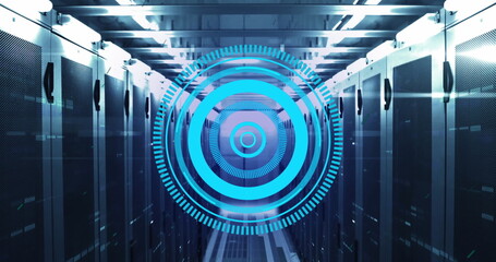 Image of neon round scanner, black particles and mosaic squares against computer server room