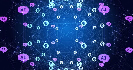Image of connected people icons, ai text and dots forming globe and rotating