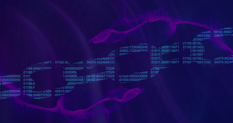 Image of changing numbers forming blockchain over dynamic waves against abstract background