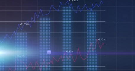 Image of multiple graphs with changing numbers over grid pattern and lens flares