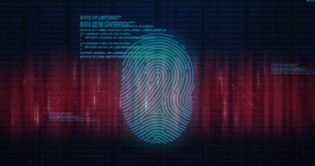 Image of fingerprint and computer language over abstract pattern against black background