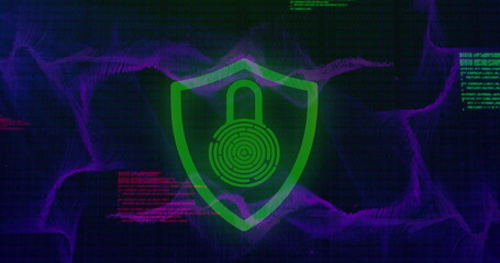 Image of padlock in shield and computer language over dynamic waves on black background - Powered by Adobe