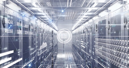 Image of connected dots, loading bars, circles, squares, graphs over server room