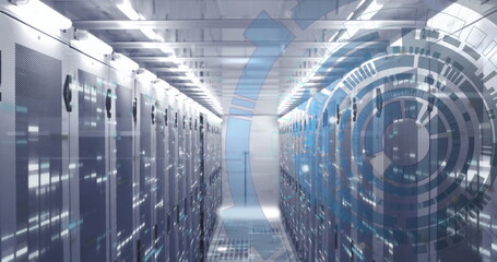 Image of loading circles and bars on data server racks in server room
