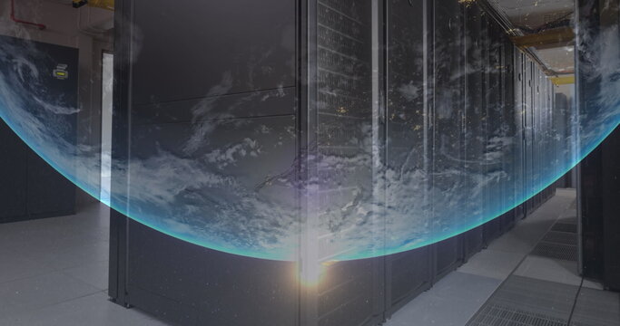 Image of rotating globe and lens flare over server room in background