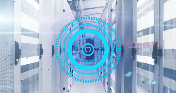 Image of neon round scanner, black particles and light trails against computer server room